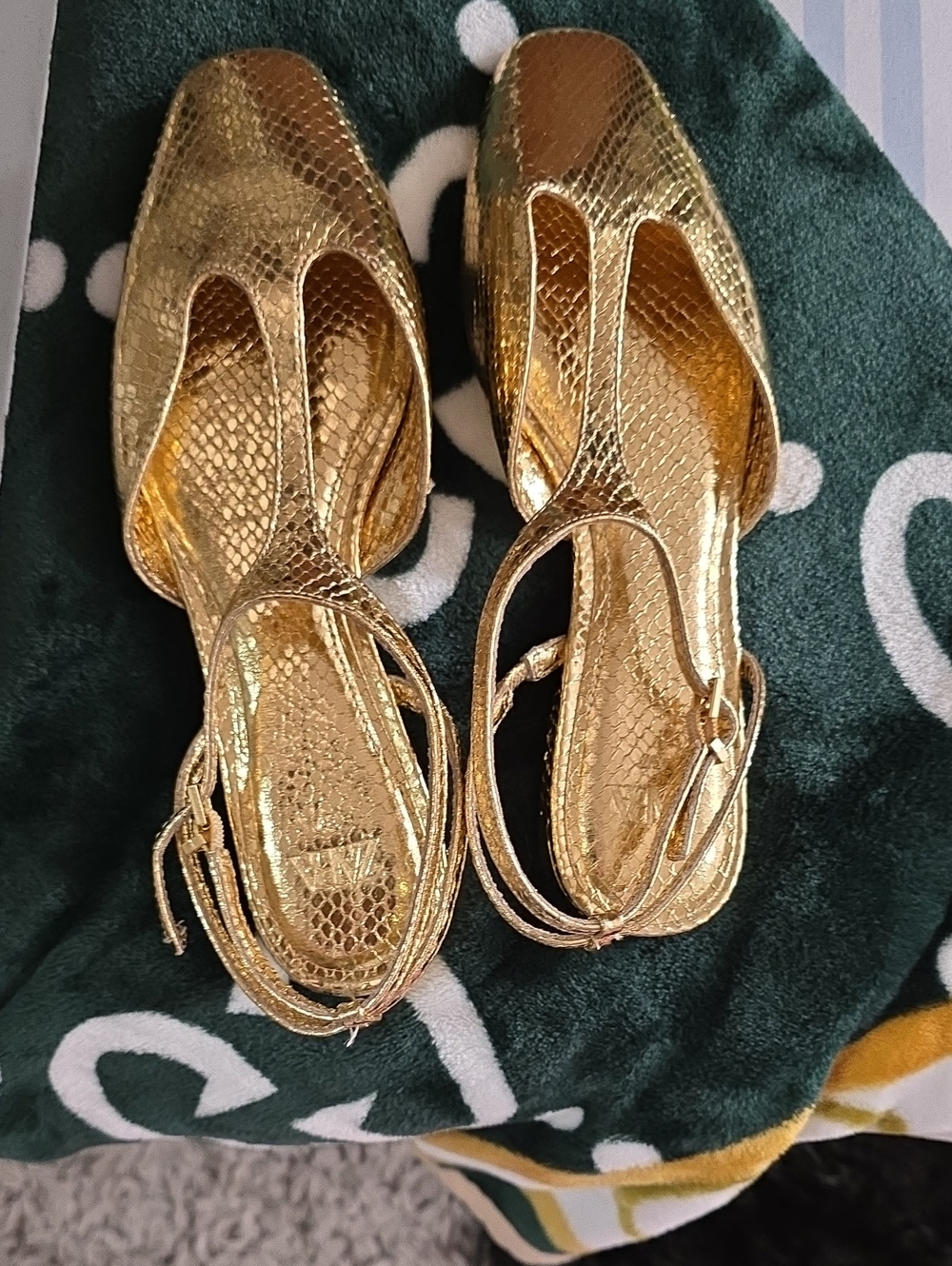 Zara Metallic Gold Snake-Embossed Slingback Flats